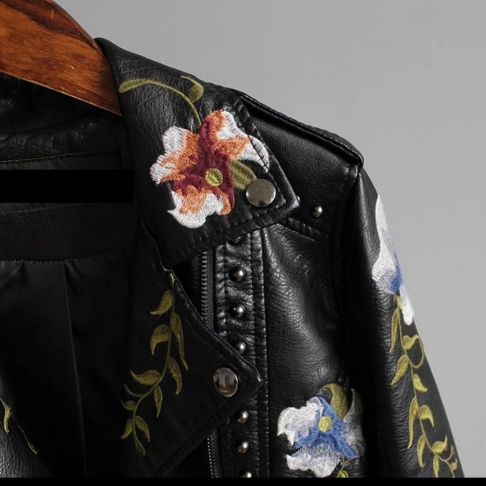 Women Leather Floral Print Embroidery Jacket - Picture 5 of 16